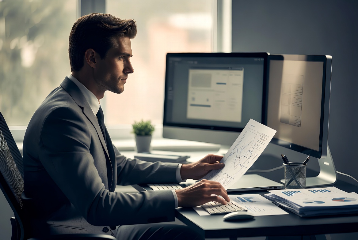A focused Caucasian male in his early 30s reviewing a multi-year tax compliance timeline on a dual-monitor setup in a modern home office