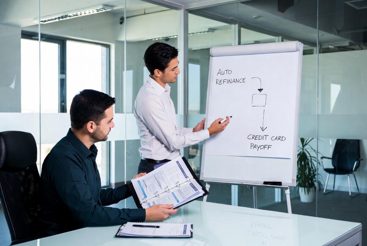 A consumer and financial advisor mapping out an auto refinance and credit payoff sequence on a clean glass whiteboard