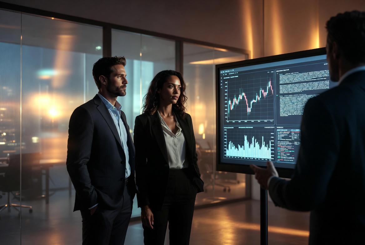 A sophisticated diverse American couple in their early 30s reviewing a wealth distribution chart with a financial advisor in a modern corporate office