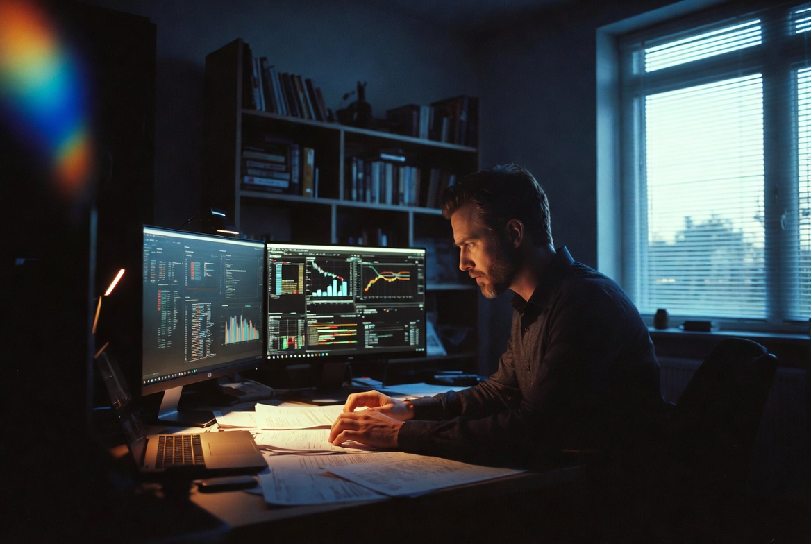 A focused Caucasian male in his 30s sitting in a modern, moody home office, calculating SEPP amortization formulas on a dual-monitor setup