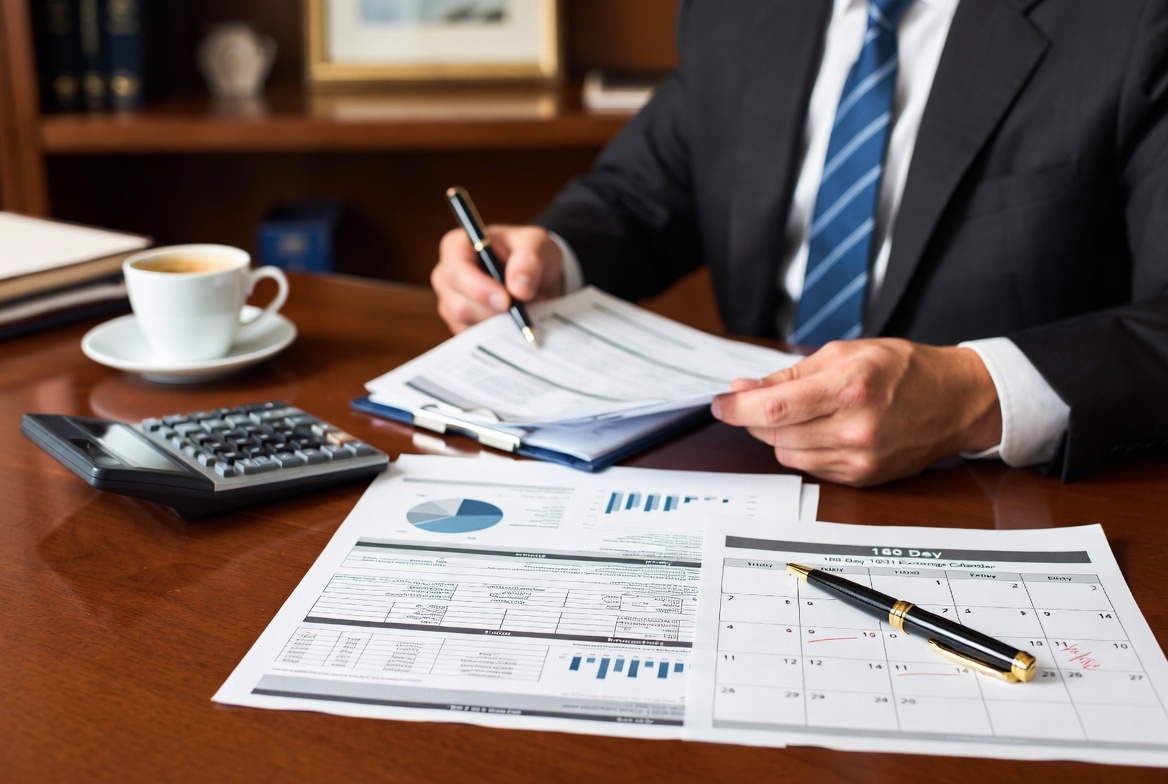 A tax strategist reviewing real estate closing documents and a 180-day 1031 exchange calendar on a pristine desk