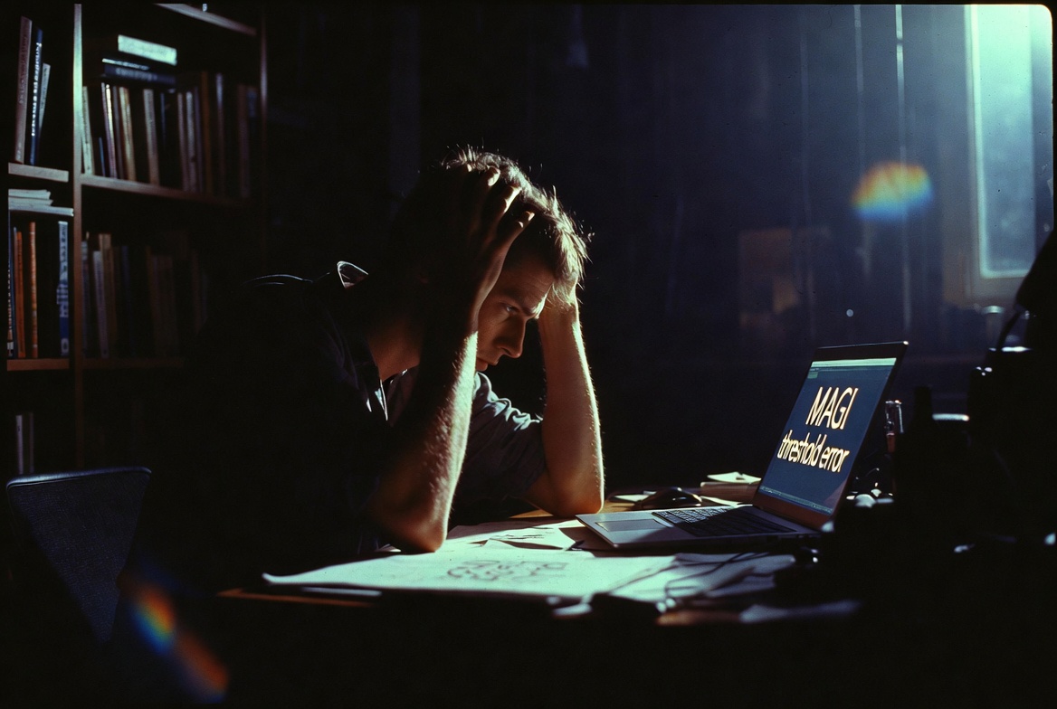 A stressed Caucasian male in his 30s discovering a MAGI threshold error on his laptop in a moody home office late at night
