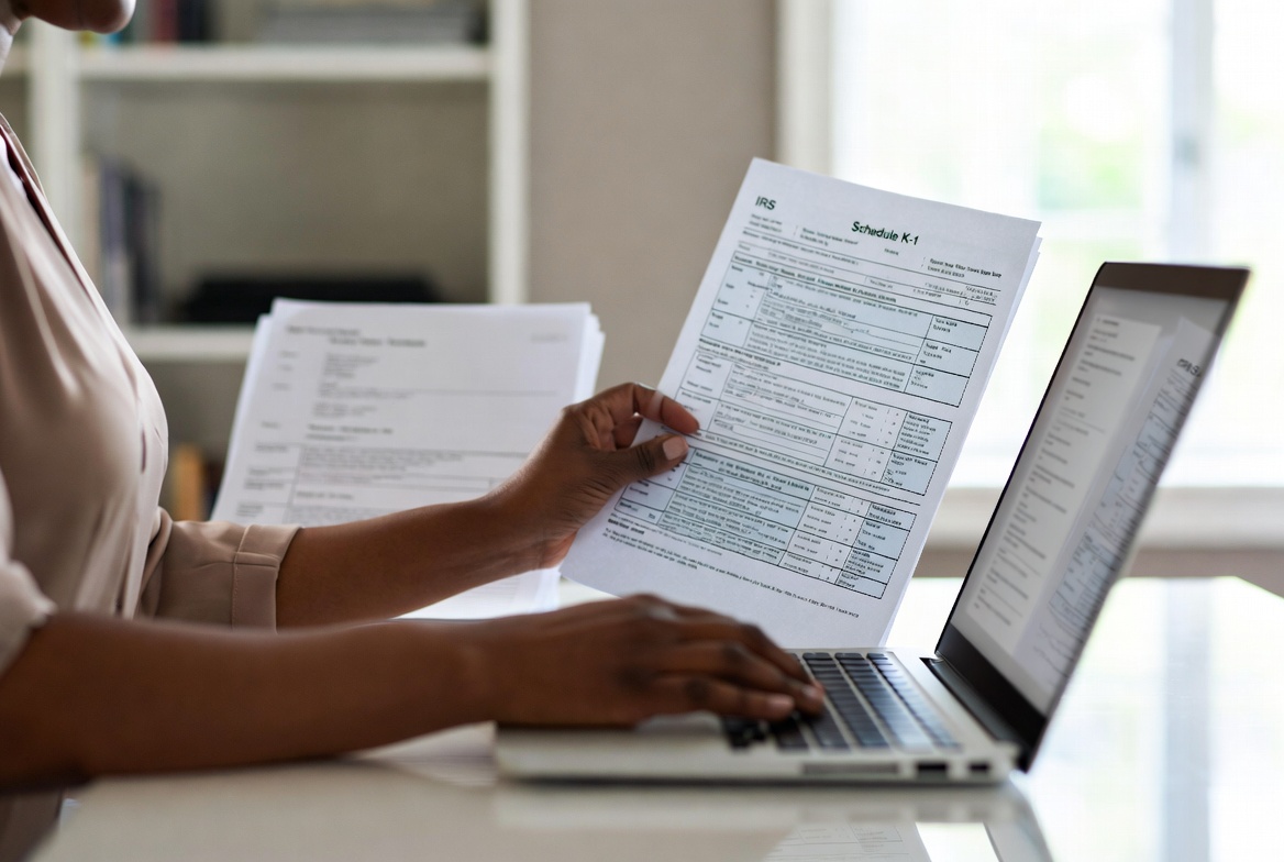 A professional reviewing a Schedule K-1 tax document on a laptop in a home office