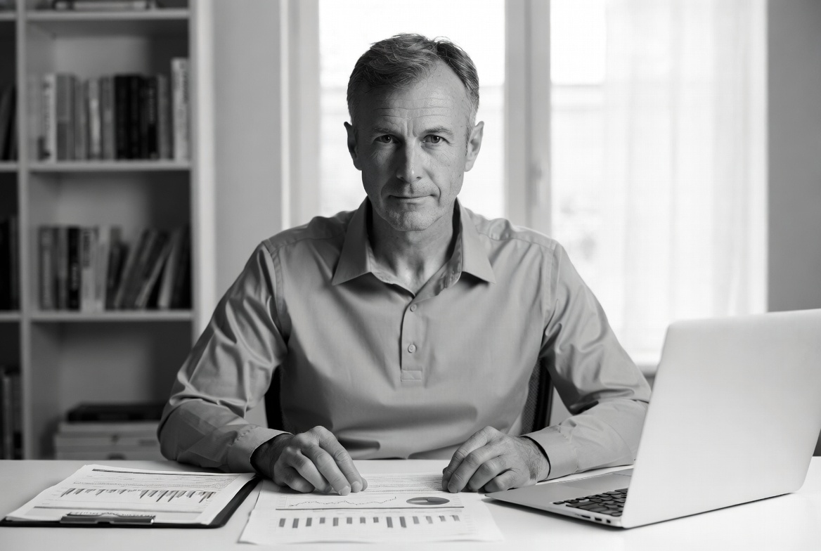 A male investor reviewing estate planning documents and financial charts on a laptop
