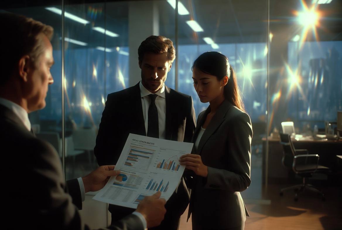 A sophisticated diverse American couple in their early 30s reviewing a 401(k) consolidation chart with a financial advisor in a modern corporate office