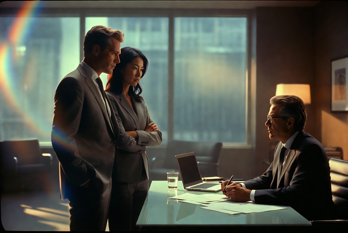 A sophisticated diverse American couple in their early 30s consulting with a CPA in a modern office, executing an IRA recharacterization to salvage their tax shield