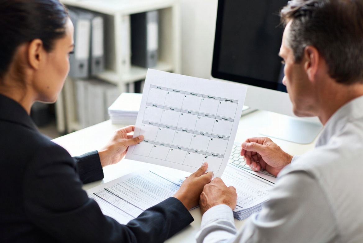 A male and female professional reviewing a calendar and tax documents at a conference table