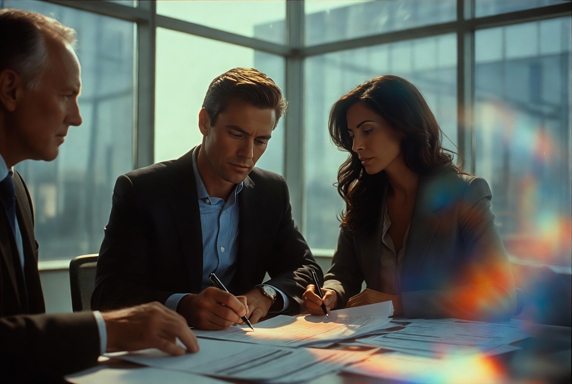 A sophisticated diverse American couple in their early 30s signing 72(t) SEPP legal documents with a wealth manager in a bright, glass-walled office