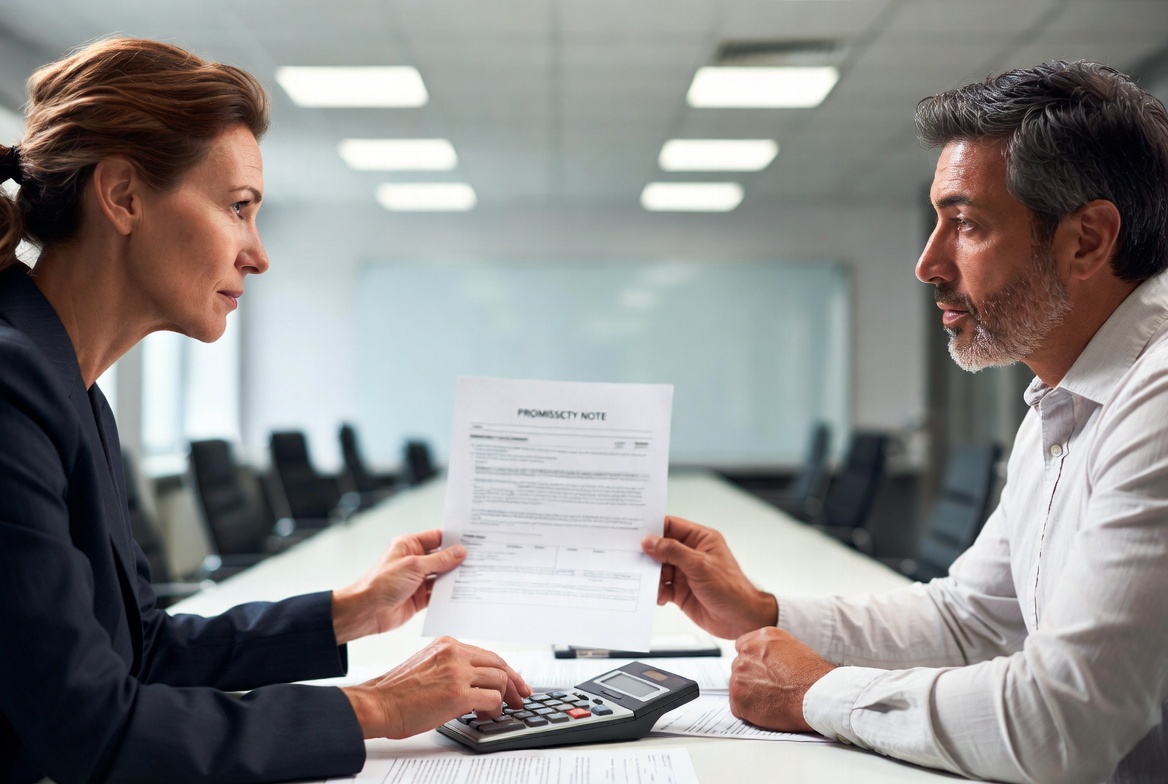 Two professionals sitting side-by-side in a conference room, reviewing a printed contract and using a calculator