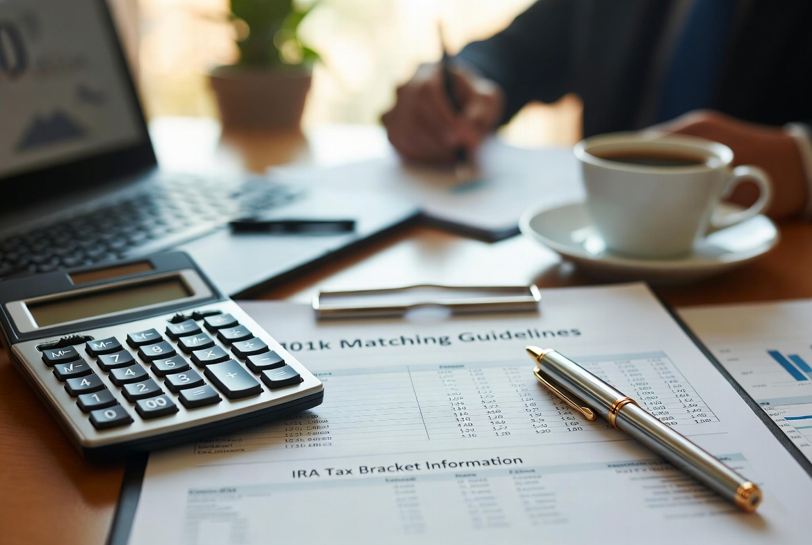 A financial coach reviewing 401k matching guidelines and IRA tax brackets on a clean office desk