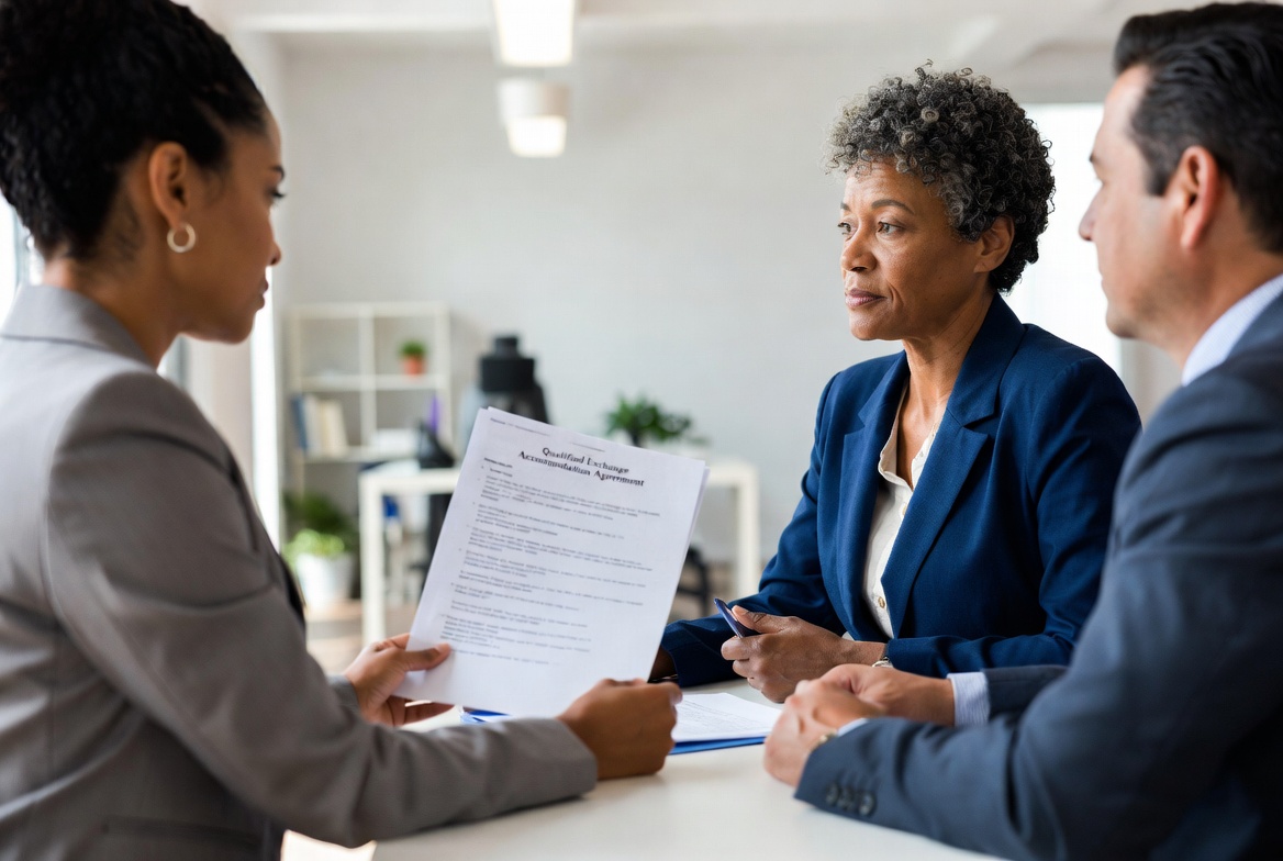 A financial advisor and a client reviewing a printed real estate agreement at a desk