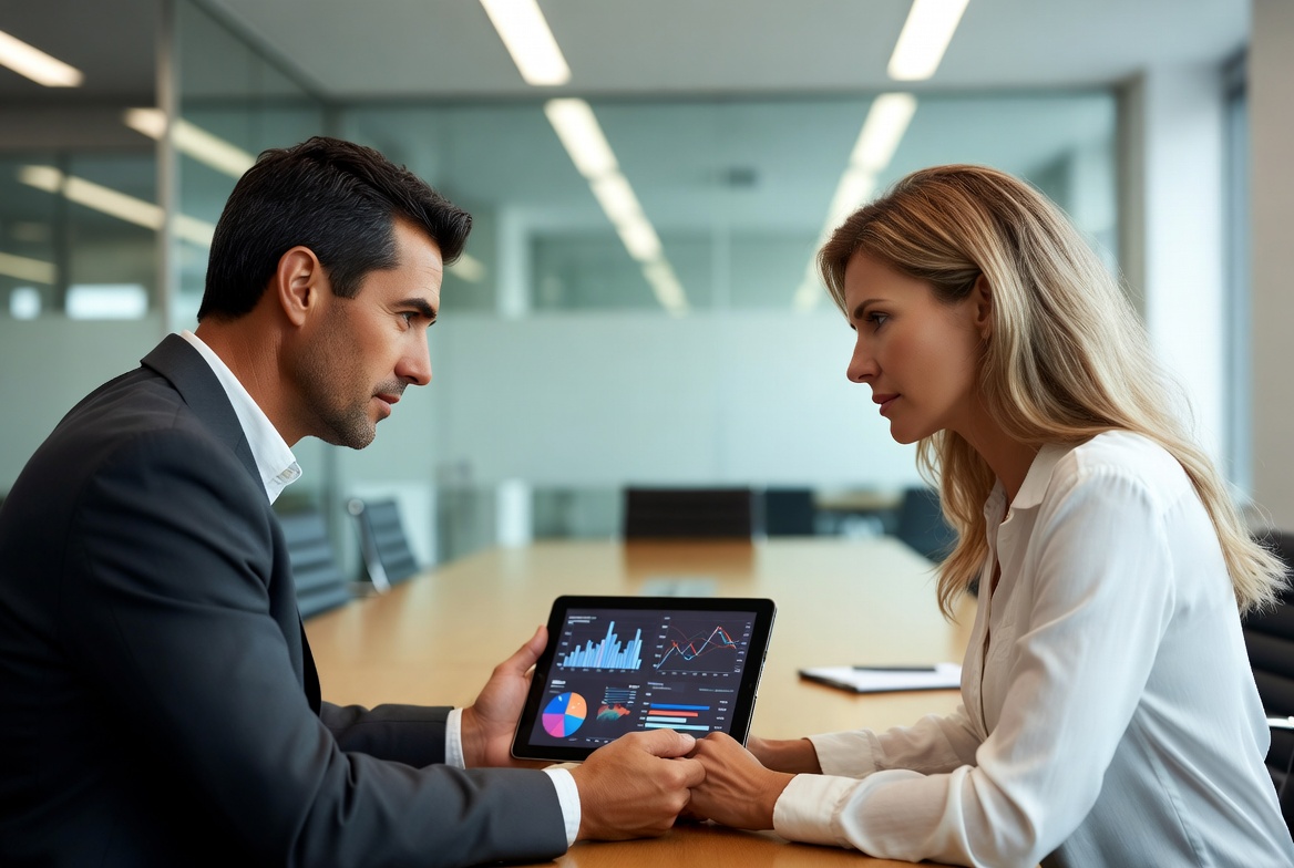A couple using a calculator to compare tax savings at a table