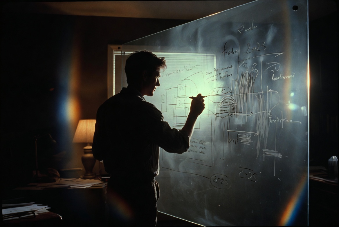 A focused Caucasian male in his 30s standing in a moody, dimly lit home office, mapping out an early retirement timeline on a glass whiteboard