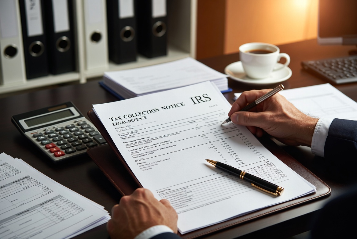 A tax professional reviewing IRS collection notices and payment plan schedules on a modern desk
